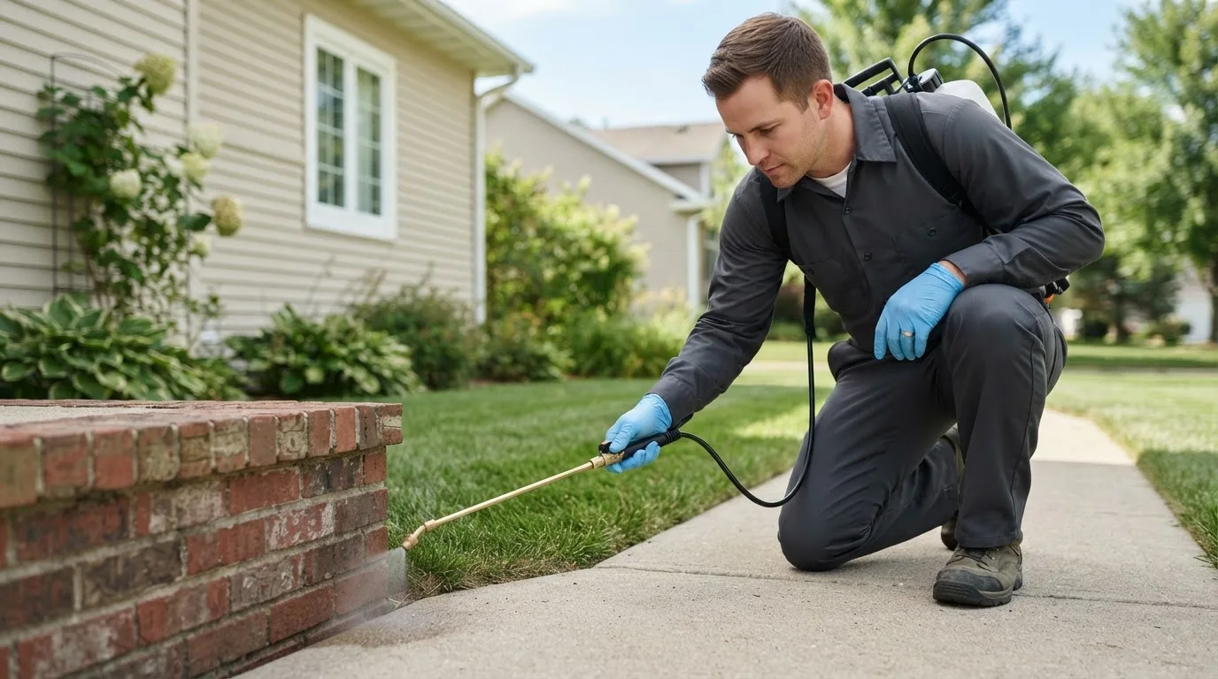 Pest control technician treating a home near Boyes, MT